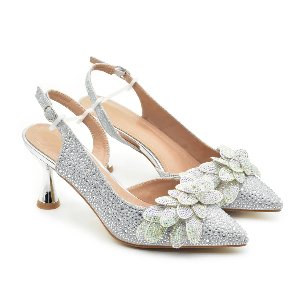 Women High Heel Pointed-Toe Italian Shoes and Bags Matching Set for Ladies Decorated With Rhinestone and Paired with Handmade Petal