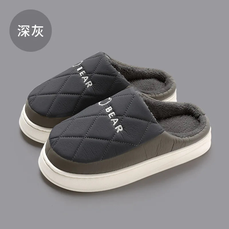 Unisex Plush Winter Slippers Outdoor and Indoor Warm Waterproof Cotton Shoes With Anti-Skid Thick Sole Home Slides For Men & Women