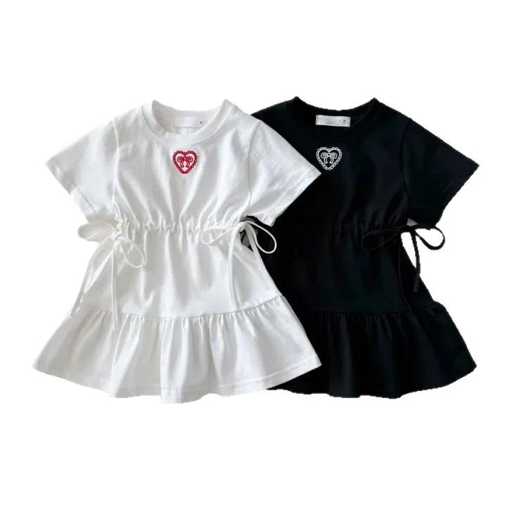 2025 sommer Neue Kinder Kurzarm Kleid Baumwolle Mädchen Nette Stickerei Bogen Kleid Baby Mädchen Prinzessin Kleid Solide Kinder Kleidung 4-6Y