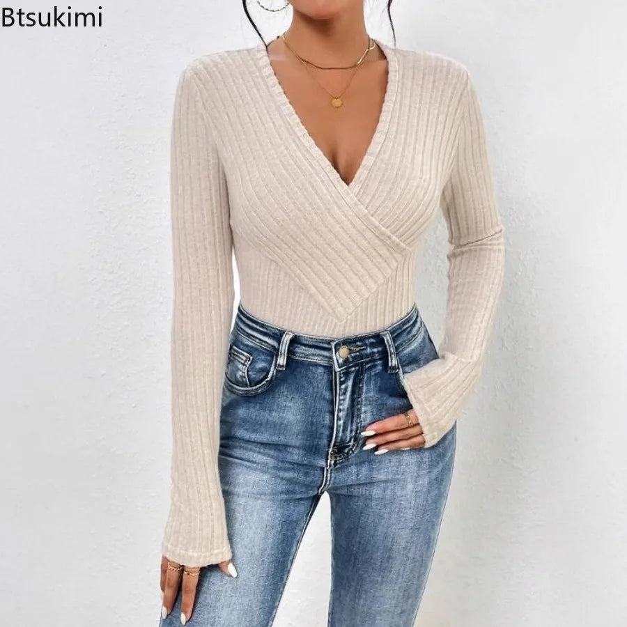 Long Sleeve Women's V-Neck Casual Beige Bodysuit Ribbed Knitted Skinny Body Suit Top for Women 2025 New Spring Autumn Outfits