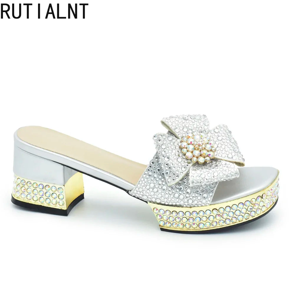 Fashion Crystal Women's Dress Pumps Open Toe Ladies Sandals with Heels African Women Wedding Shoes Decorated with Rhinestone