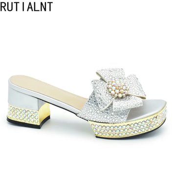 Fashion Crystal Women's Dress Pumps Open Toe Ladies Sandals with Heels African Women Wedding Shoes Decorated with Rhinestone