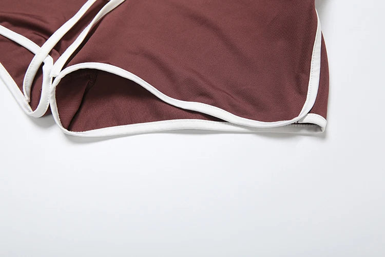 Casual Women 2 Piece Set Tracksuit Stretch Sporty Polo Neck Crop Tops + Wide Waist Shorts Matching Streetwear Outfits