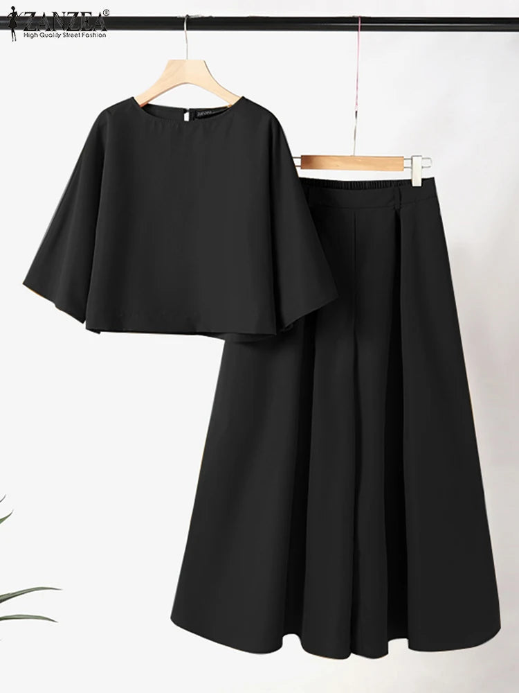 Women Causal 2PCS Pant Sets Loose 3/4 Sleeve Tops Wide Leg Pants 2-Pieces Outfits Solid Colour Fashion Commute Tracksuits