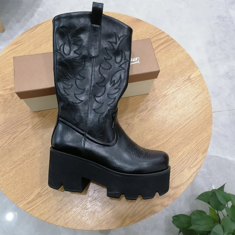 Women Platform  Mid Calf Boots Black Chunky High Heels  Big Size Lady Short Booties