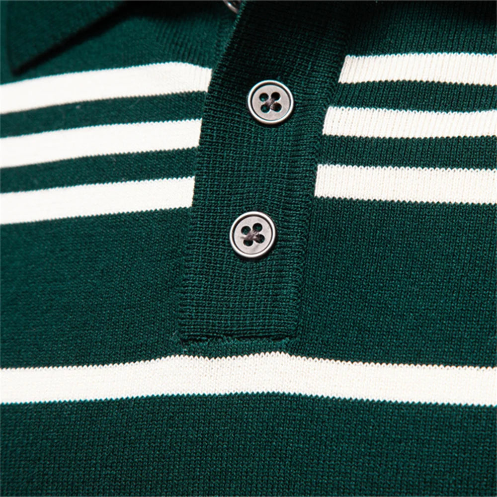 Men's Colour Block Striped Long Sleeve Polo Shirt For Autumn - Designer Business Premium T-shirts