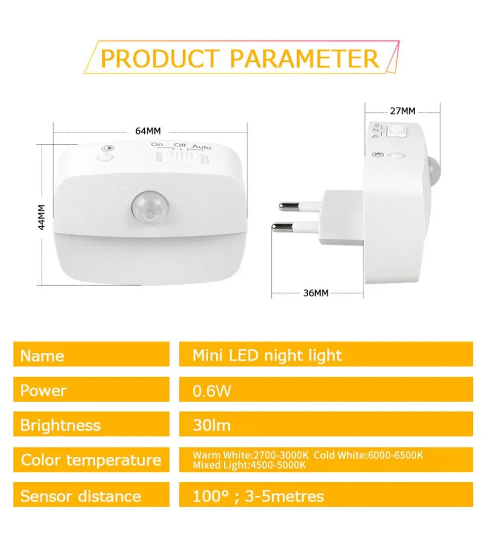 3-kleuren LED-nachtlampje met bewegingssensor EU US-stekker PIR-menselijke infraroodinductielamp voor slaapkamer, gang, trap, keuken