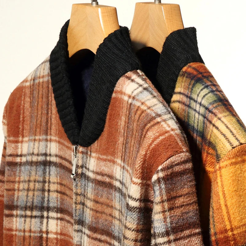 Men's Top Quality Woollen Thick Velvet Plaid Casual Baseball Collar Jacket, Korean Windbreaker Male Coats