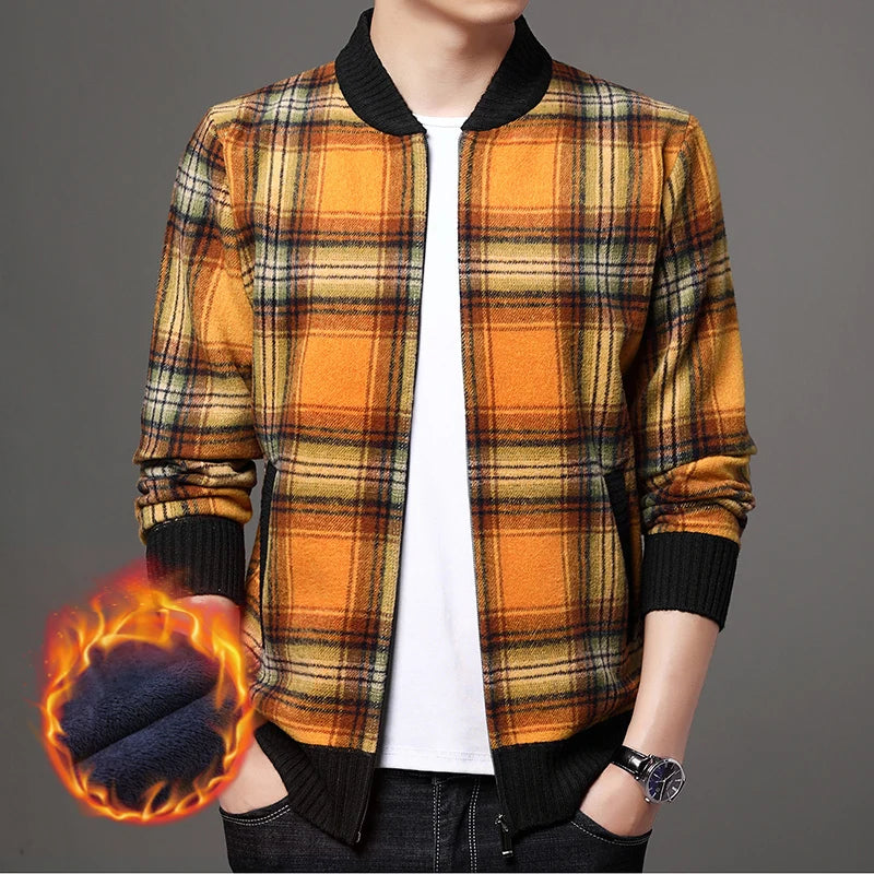 Men's Top Quality Woollen Thick Velvet Plaid Casual Baseball Collar Jacket, Korean Windbreaker Male Coats