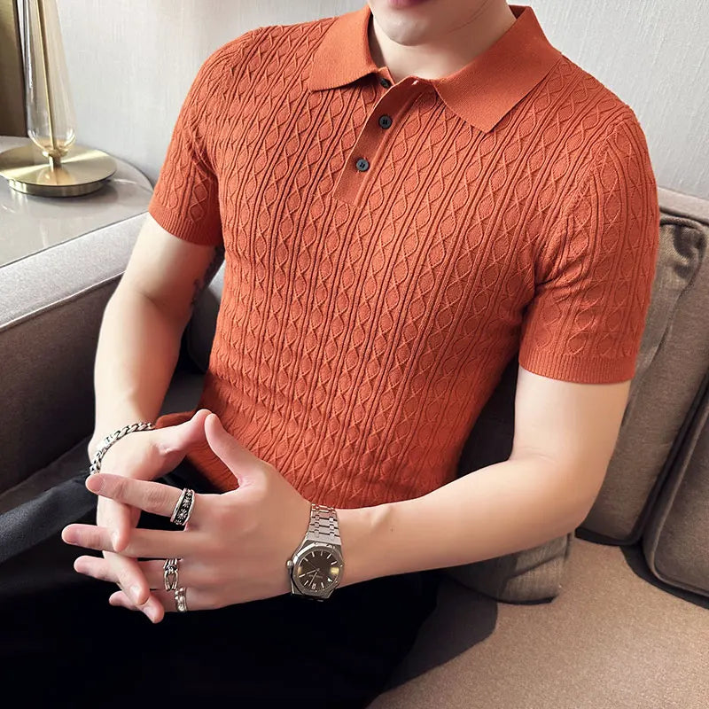 Men's Slim-Fit Jacquard Knitted Short-Sleeved Polo Shirt for Male Fashion Lapel Golf Shirt