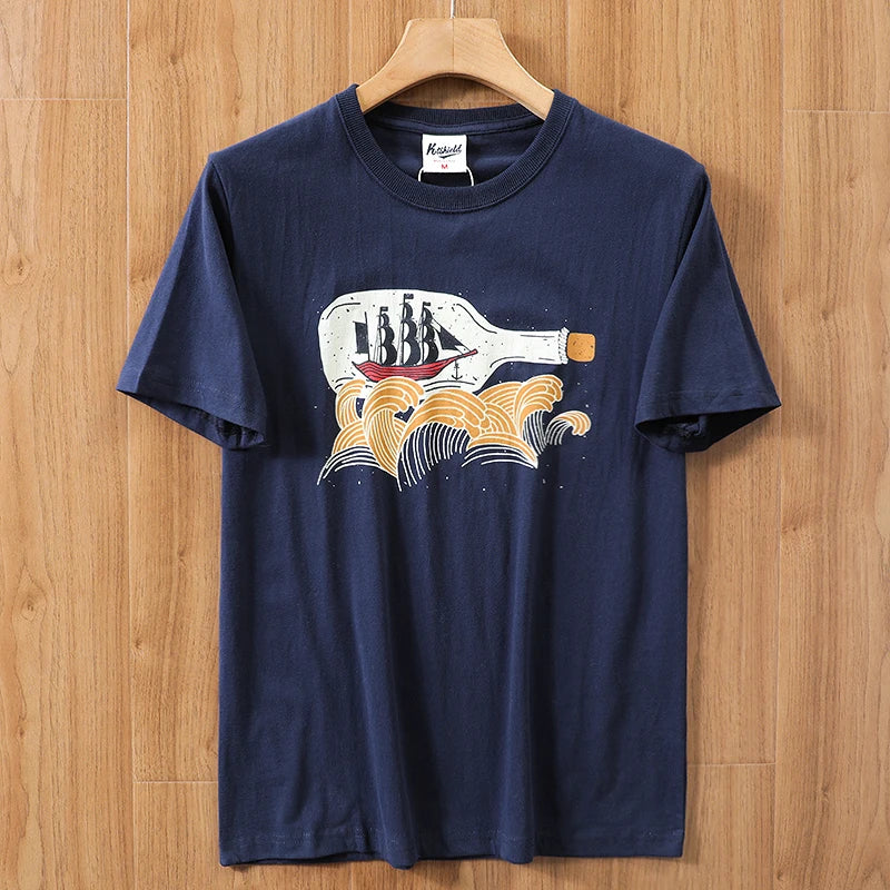 2025 Summer New American Retro 250g Short Sleeve O-neck Printed T-shirt Men's Fashion 100% Cotton Washed Casual Loose Tops