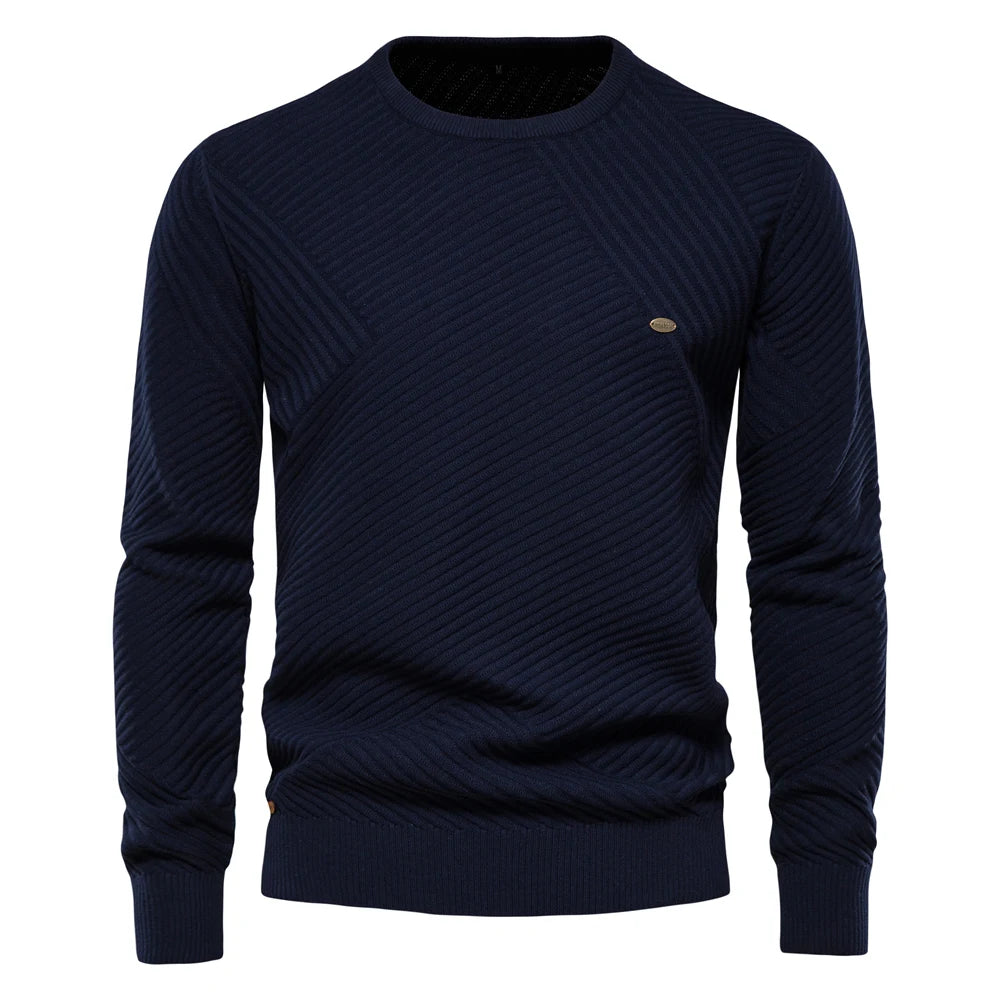 Men's Solid Colour Cotton Sweater Striped O-Neck Knitted Pullover for Men Casual High Quality Winter Sweater