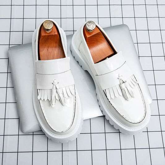 Fashion Men Tassels Loafers Thick Bottom Male Height Increasing Walking Shoes All White Wedding Shoes