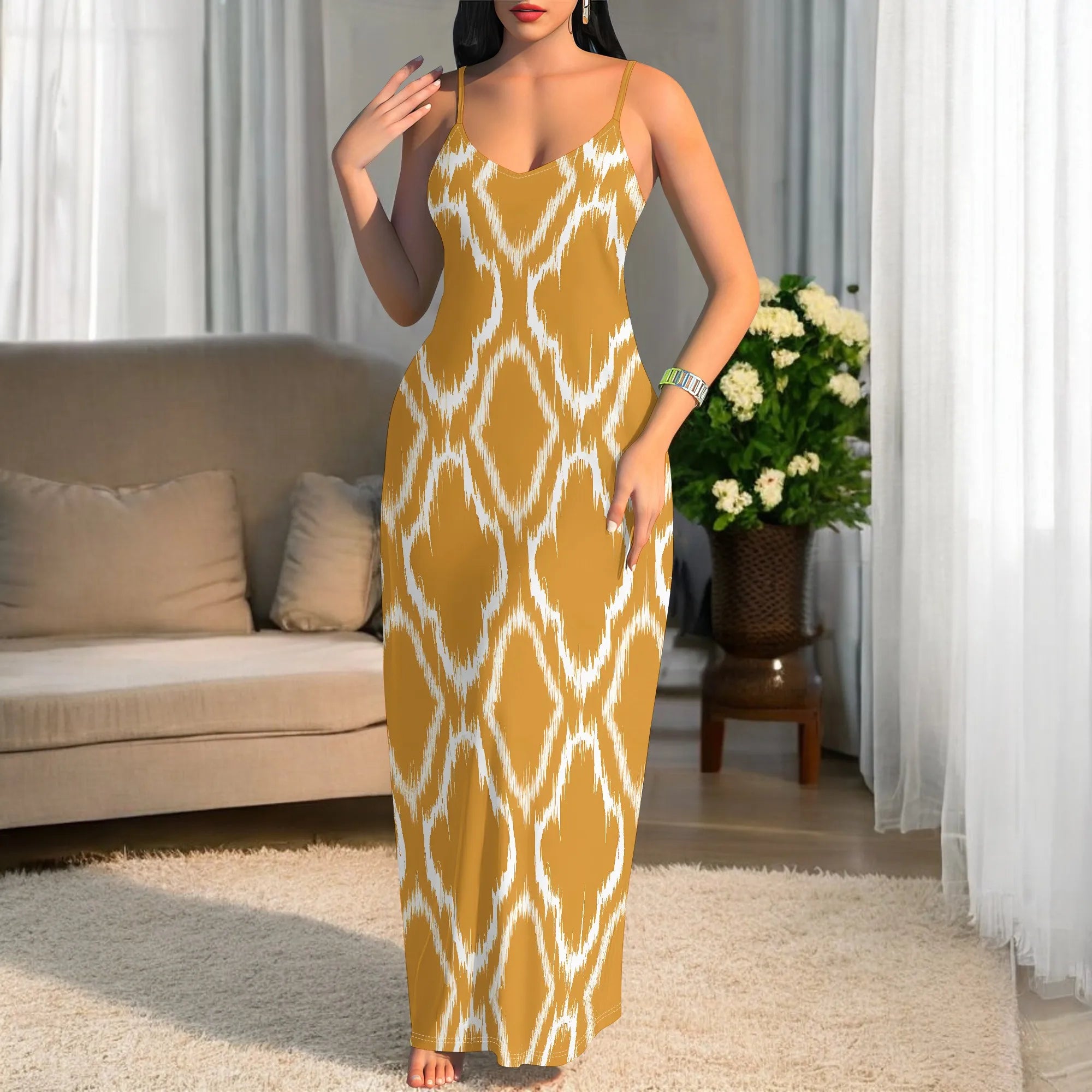 Yellow Ikat Print Sleeveless Maxi Dress for Women Summer Casual Slim Fit Beach Long Dress