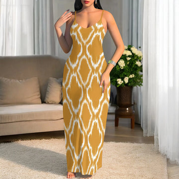Yellow Ikat Print Sleeveless Maxi Dress for Women Summer Casual Slim Fit Beach Long Dress