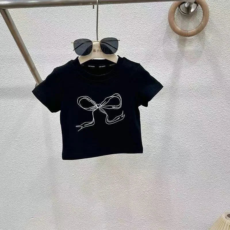 2PCS Children's Summer Clothes Set Girls Bow Colour Blocked Top + Solid Colour Straight Leg Jeans Outfit For Kids 4-6Y