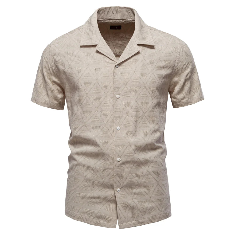 100% katoenen jacquard herenoverhemden met korte mouwen - effen kleur, omgeslagen kraag, casual zomeroverhemden voor heren