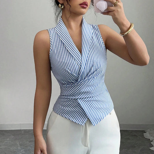 Shirts Spring Summer Fitting Slim Fashion Stripes Nipped Waists Sleeveless Lapel Office Lady Shirts For Women