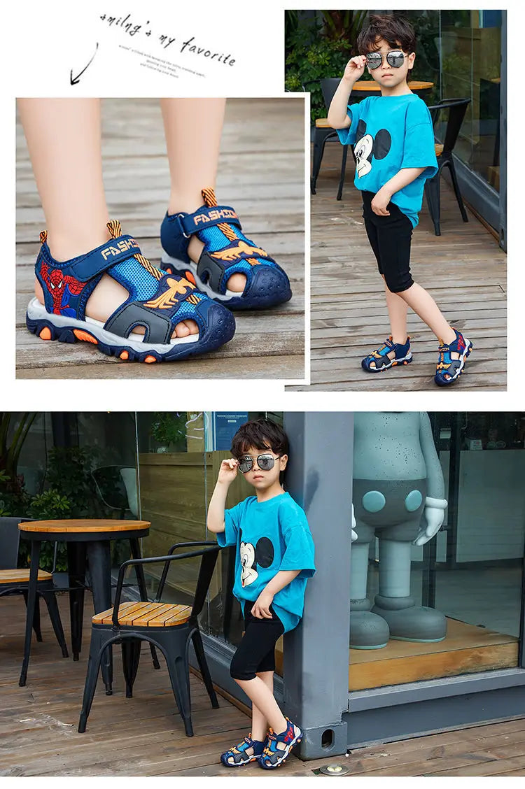 Children Sandals Male Summer Sandals Student Open Peep Toe Cartoon Beach Anti slip Soft Sole Black Blue Shoes Size 26-35