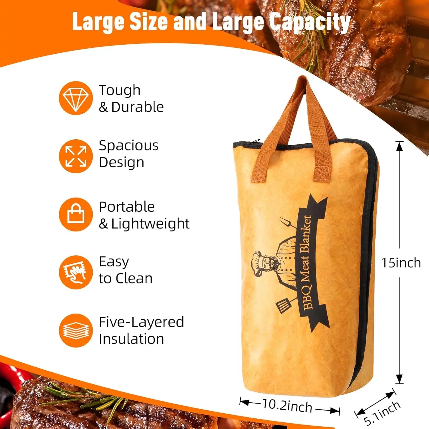 BBQ Blanket for Resting Meat,Reusable Smoker Meat Resting Blanket, 5-Layer Insulation& Wide Mouth Bag to Keep Warm and Fresh