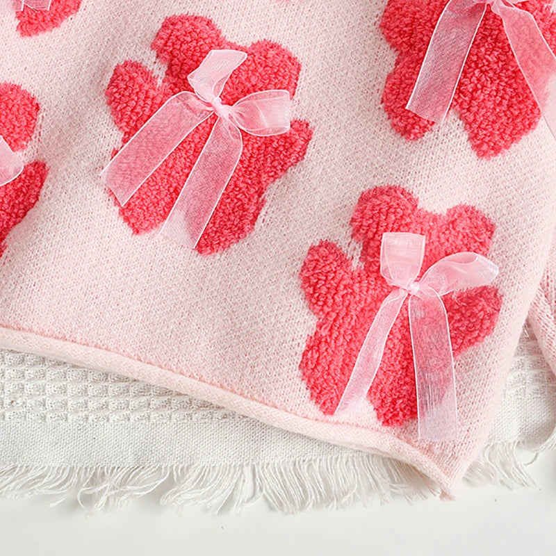 New Autumn Girls Knitted Sweater Sweet Bear Bow Kids Sweater Korean Loose Children Outwear Tops 9M-5T Girls