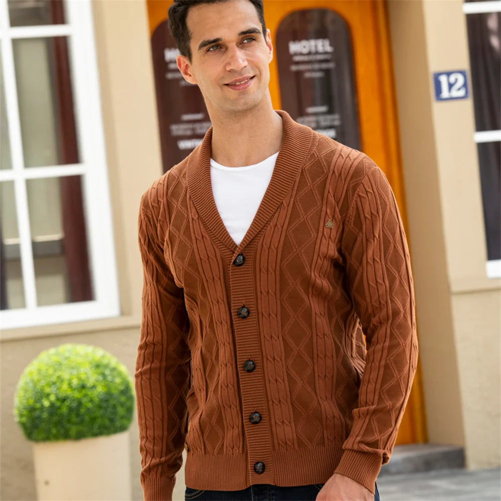 Katoenen Argyle Cardigan Heren Casual Enkelrijs Effen Kleur Zakelijke Heren Cardigans Nieuwe Winter Mode Trui Man