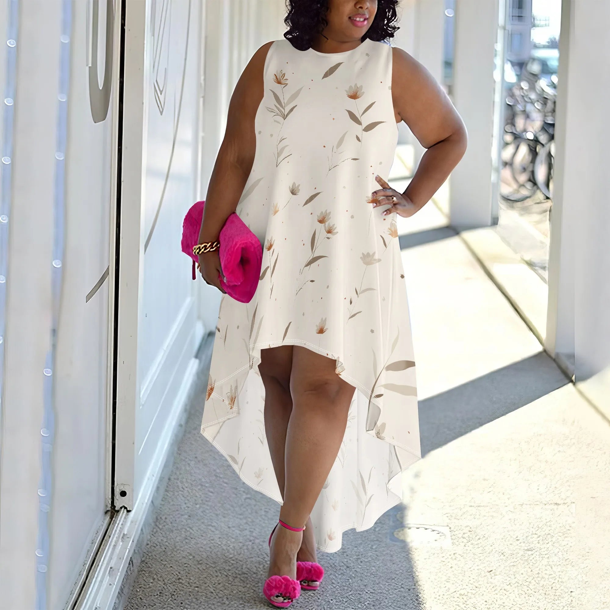 Plus Size Sleeveless Tropical Leaf Print High-Low Dress for Women, Casual Summer Dress