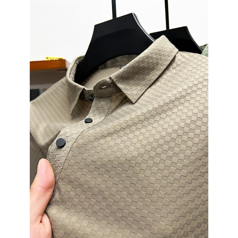 Men's Summer Luxury and Fashionable Casual Waffle Short Sleeve Polo Shirt, Lapel, Ice Silk, and High-End Breathable T-Shirt