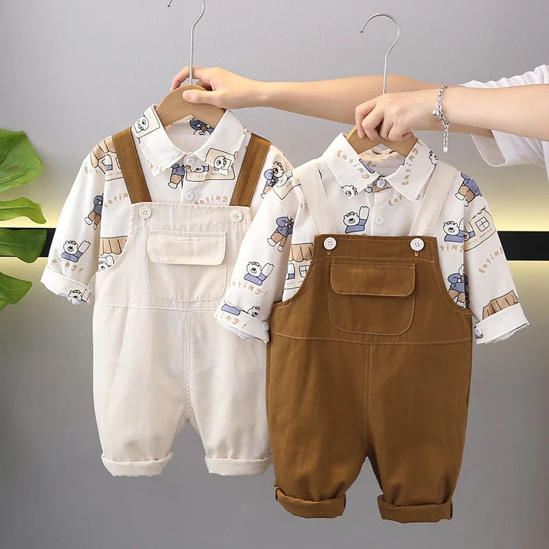 Herfst kinderkledingset kinderen schattige cartoon beer shirt + effen overall jongens 2 stuks dunne stijl outfit 1-3 jaar unisex