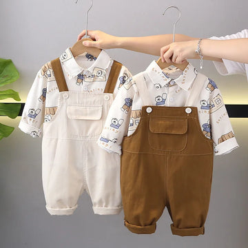 Herfst kinderkledingset kinderen schattige cartoon beer shirt + effen overall jongens 2 stuks dunne stijl outfit 1-3 jaar unisex