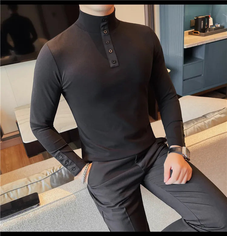 Men's High Quality Long Sleeve T-shirt For Autumn & Winter, Half-High Collar, Solid Colour Top. Collar Button Polo, Suitable As Business Casual