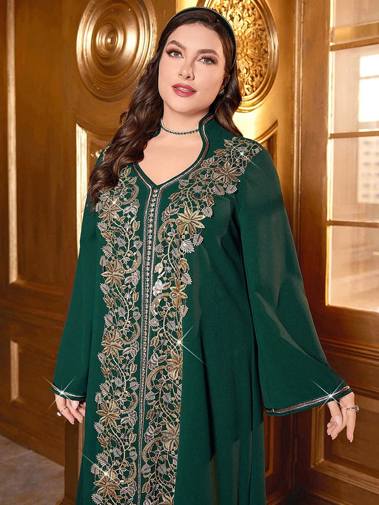 Women's Plus Size Sequin Embroidered Woven Belt Split Hem Dresses Luxury Elegant Arabian Formal Party Evening Dresses