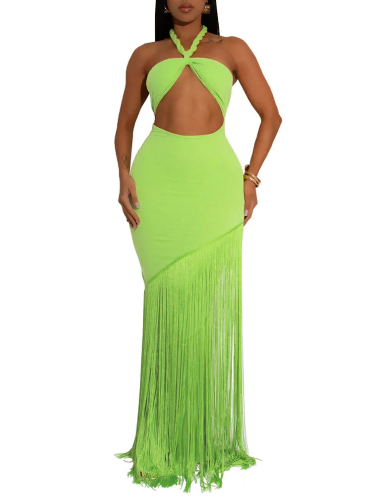 Women's Sexy Solid Color Hollow-out Halter Sleeveless Tassels Decor Backless Party Dress