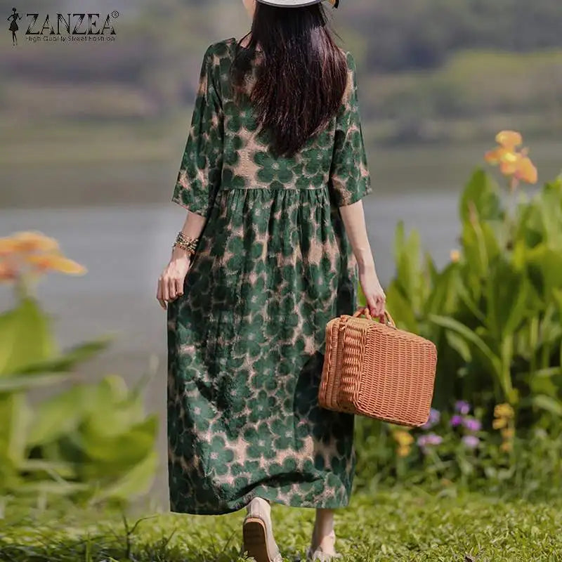 Bohemian Floral Printed Dress Autumn Long Sleeve O-Neck Maxi Robe Woman Casual Holiday Sundress Elegant Party Vestidos