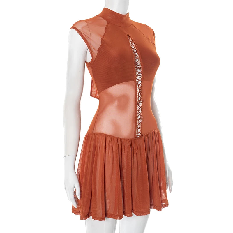 Hollow Sexy Dress Women o-Neck Coquette Sleeveless Patchwork Pleated Hem Halter Summer Midnight Clubwear Mini Bodycon