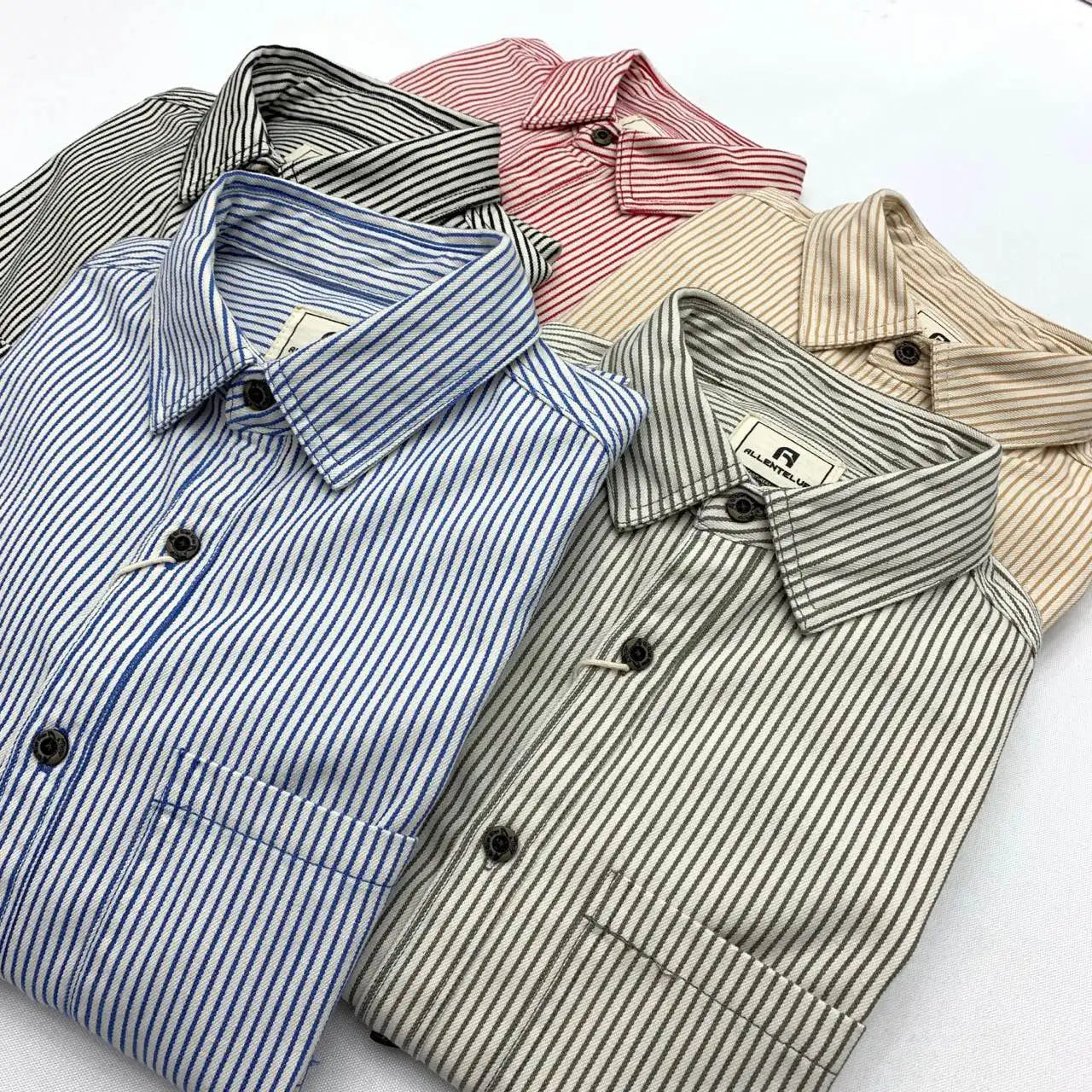 2025 Lente Nieuwe Japanse Retro Lange Mouw Revers Gestreepte Cargo Shirt Heren Amekaji 100% Katoen Gewassen Losse Dubbele Zakken Tops
