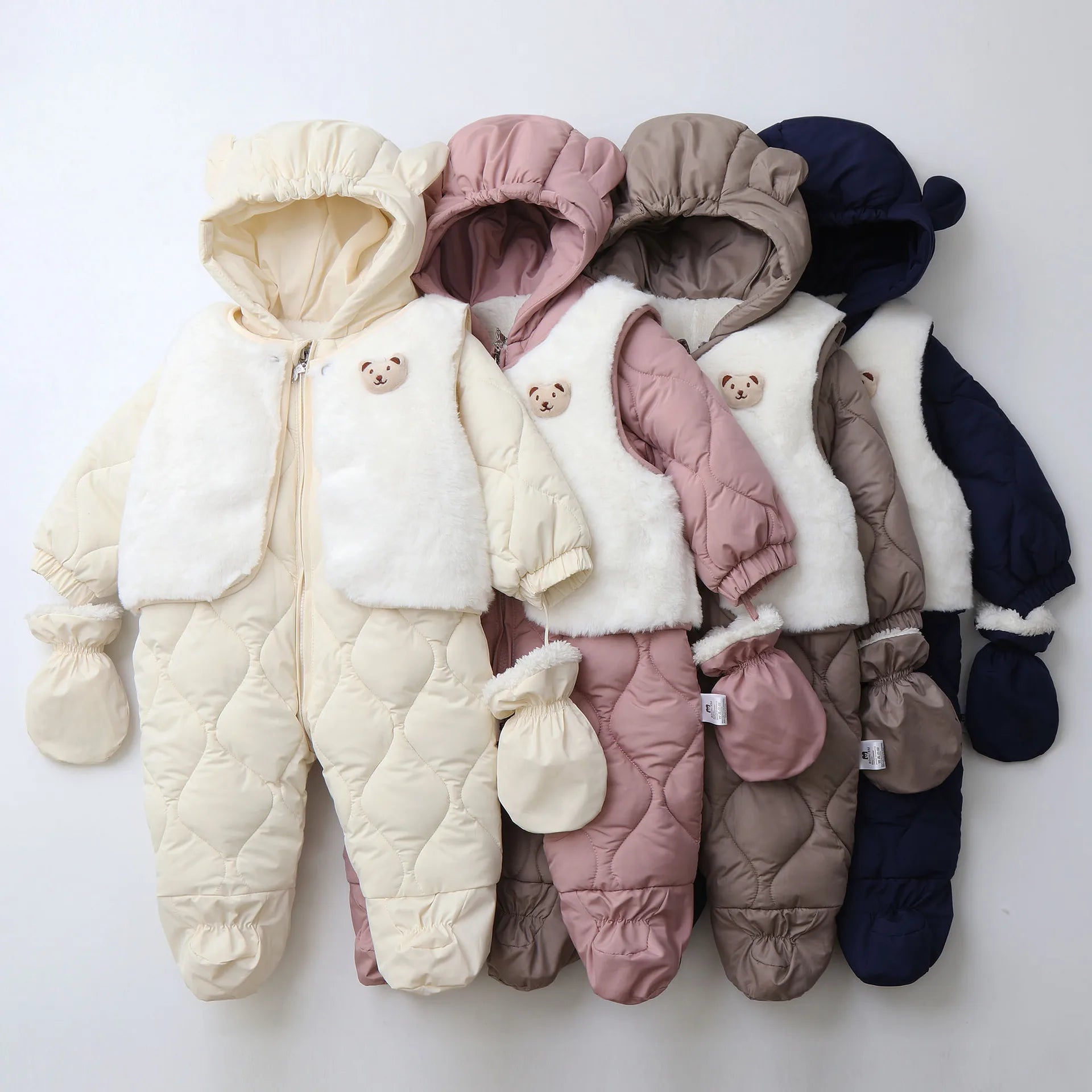 Baby's 2Pcs Winter Warm Clothes Thicken Fleece Rompers Jumpsuits Fur Lining Footie and Vest Snowsuit For Toddlers 0-2Y