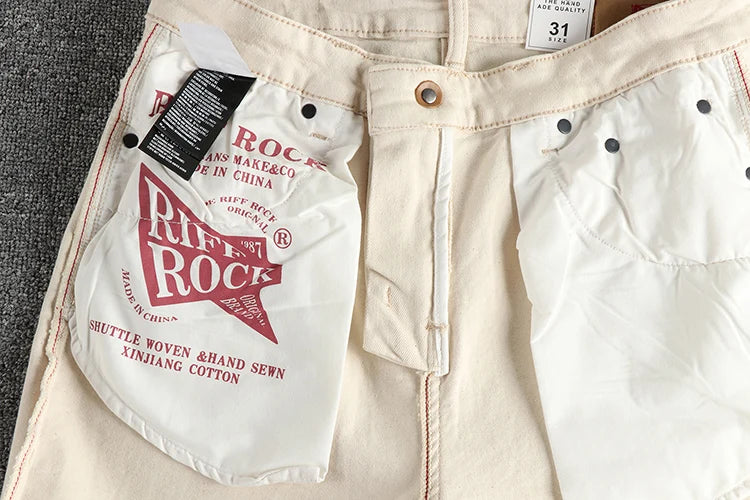 2025 Lente Herfst Nieuwe Amerikaanse Retro Beige Witte Denim Cargo Jeans Heren Eenvoudige 98% Katoen Gewassen Amekaji Casual Rechte Broek