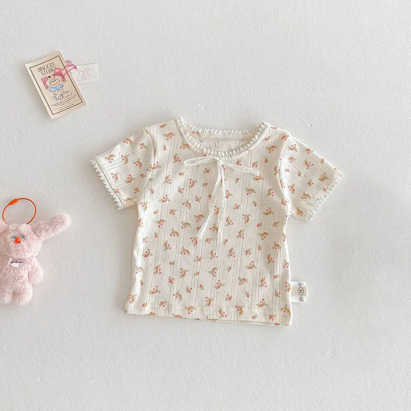 New Summer Kids T-shirt Boys Cute Hollow Out Floral Tops Children Thin Style Pit Strip Lace Girls Tee 1-5T Unisex