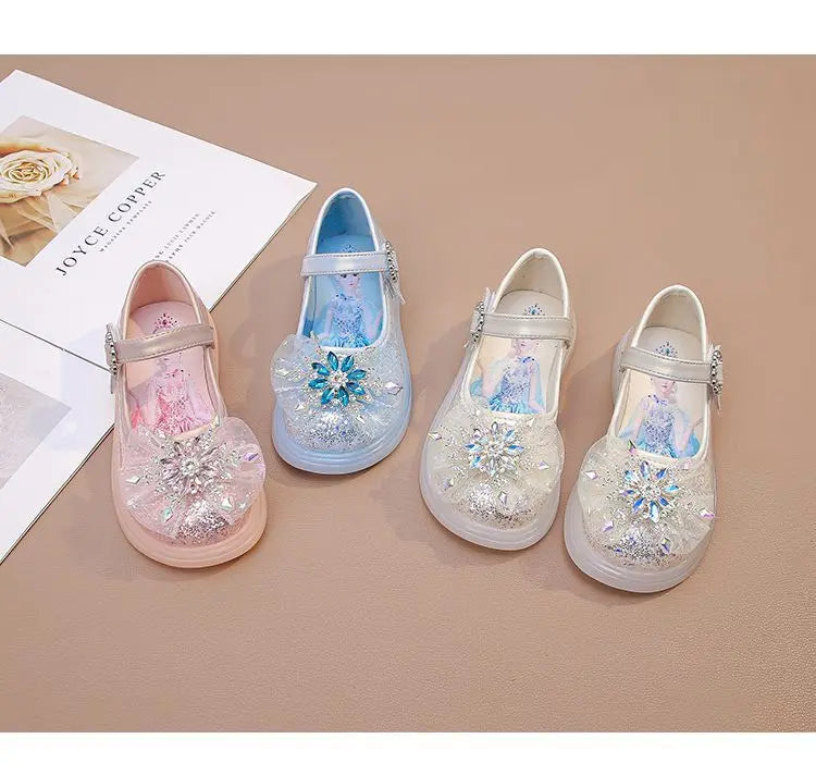 Disney Children High Heel Princess Elsa Party LED Light Shoes Summer Girls Sandals Baby Girls Crystal Blue Pink Shoes 23-34