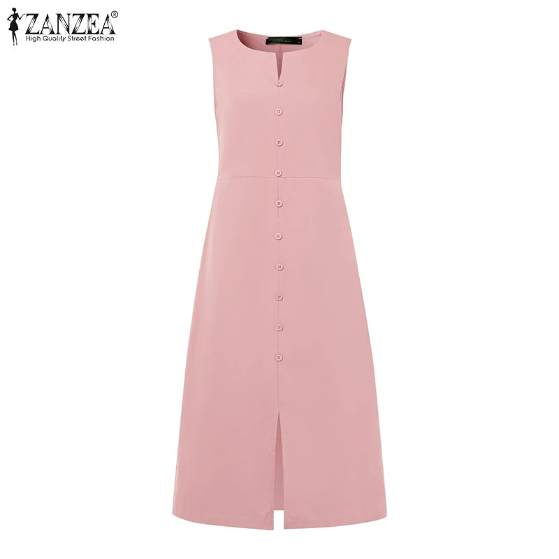 2025 Women Summer Sundress Elegant Work OL Midi Dresses V Neck Sleeveless Solid Dress Fashion Buttons Down Robe Plus Size