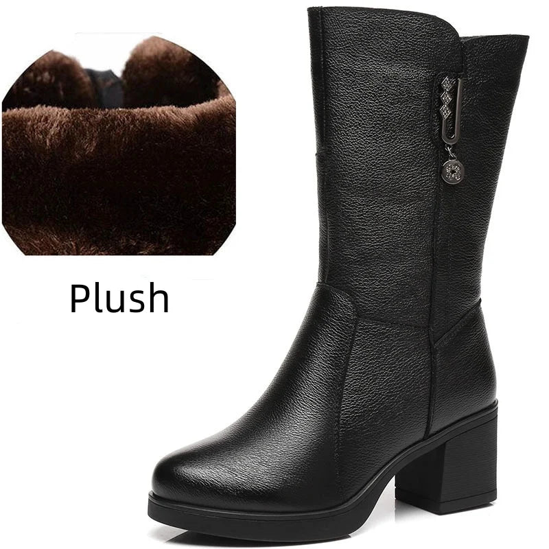 Women Genuine Leather Mid Calf Boots Female Mather Ladies Winter Fur Plush Warm