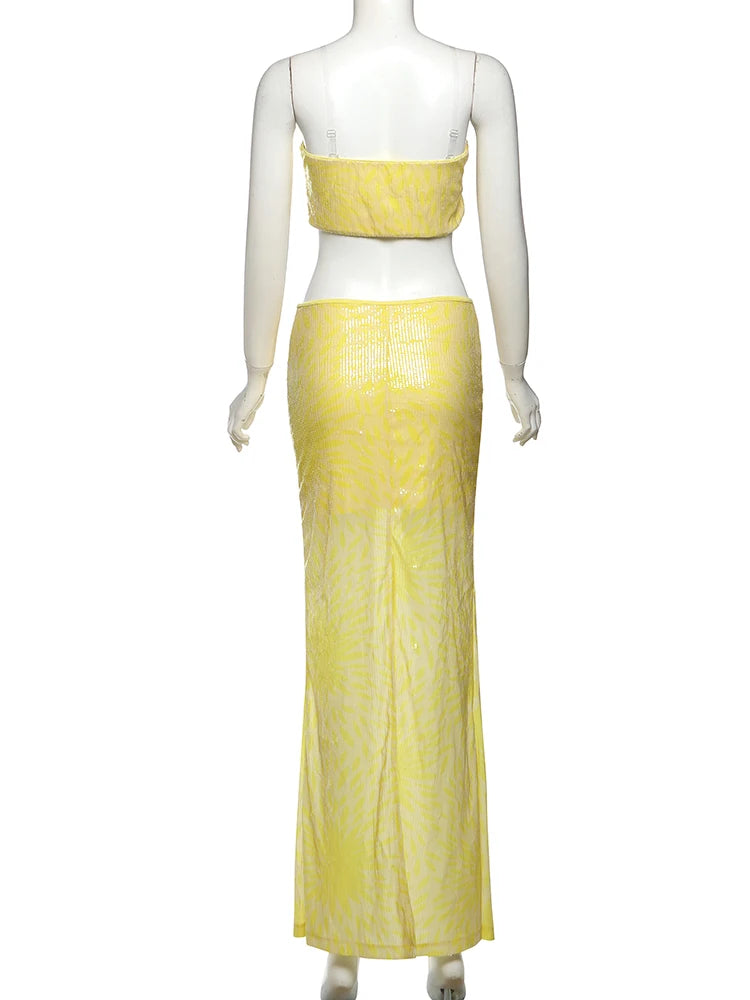 Sequins 2-Piece Set Women Glitter Tube Tops + Long Skirts Skinny Summer Trend Beach Party Matching Vacation Sexy Suit