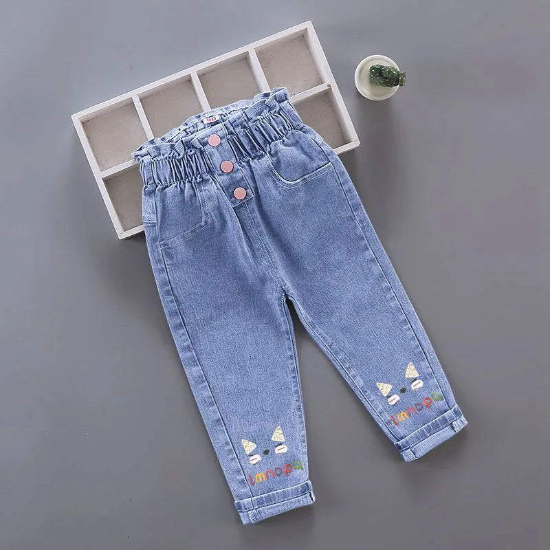New Spring Kids Jeans Girls Boys Cute Embroidery Cherry Flower Denim Blue Pants Children Outwear Trousers 4-6Y Unisex