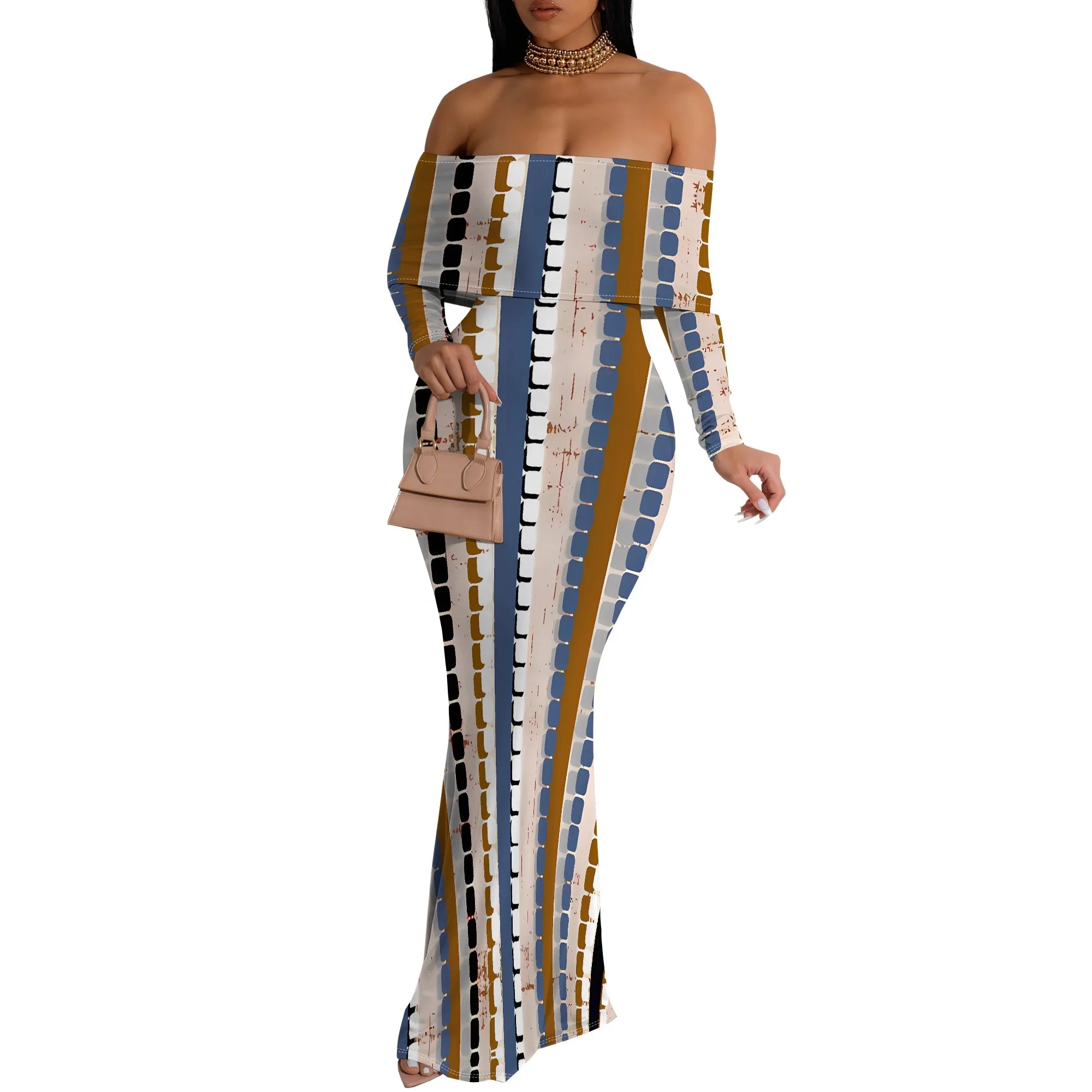 Yellow Floral Print Maxi Dress Off Shoulder Long Sleeve Elegant Bodycon Gown for Spring Picnic