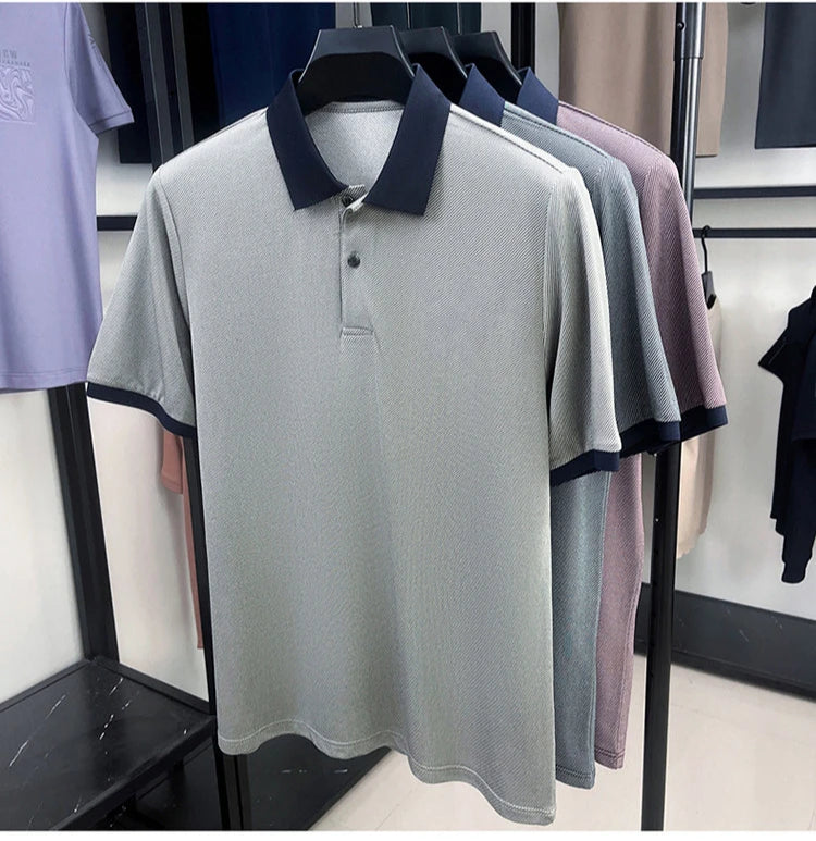 Men’s Breathable Polo Shirt – Stretch Fabric & Striped Design for Office/Casual Use Elastic Comfort and Classic Collar M-4XL