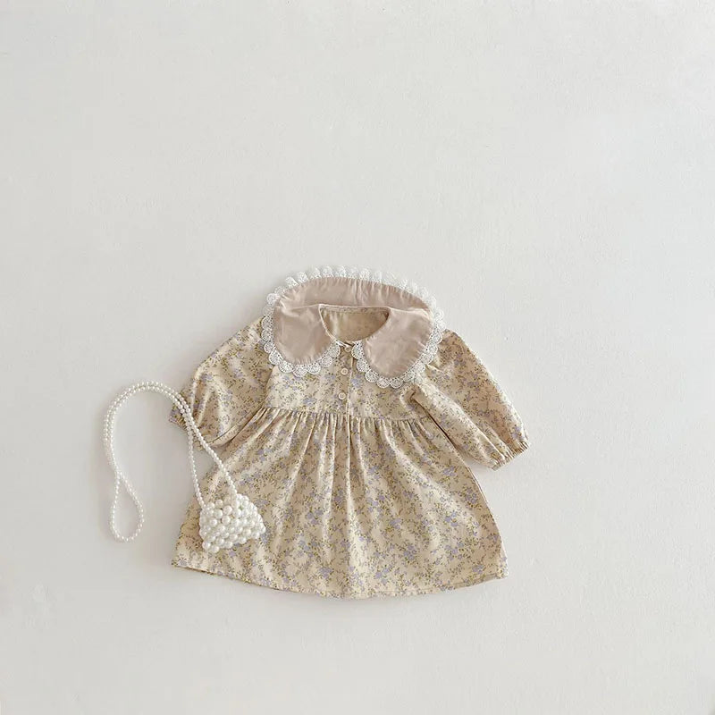 New Spring Girls Floral Dress Kids Cute Lace Doll Collar Princess Dress Children Sweet Flower Clothes For Kids 1-3Y Girls