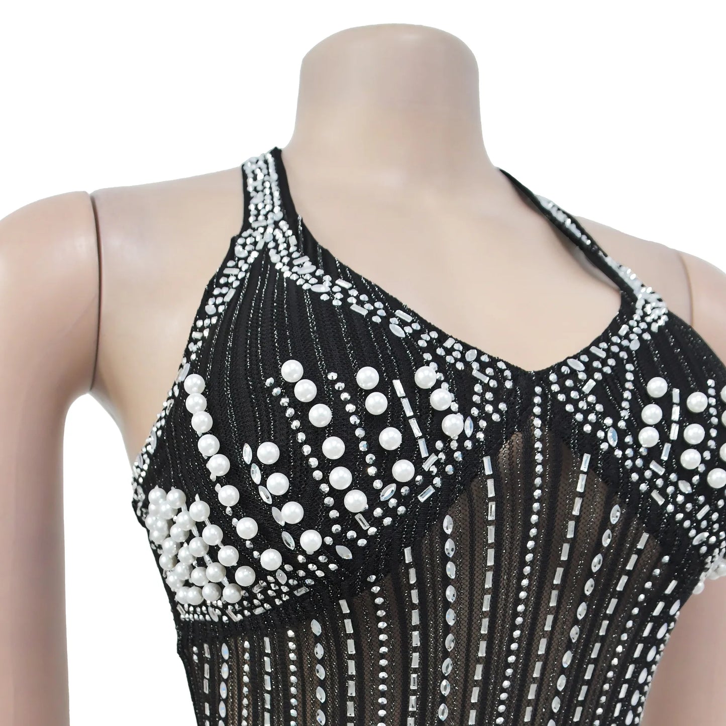 Women's Sexy Halter Sleeveless Backless Embroidered Flares Rhinestone Decor Floor-length Party Dress