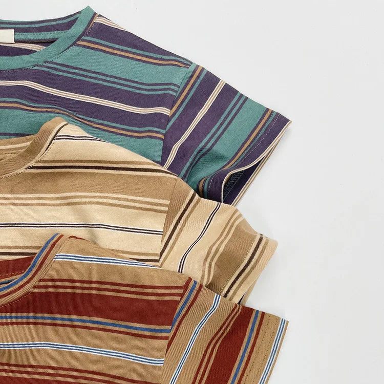 2025 Summer New Children Short Sleeve T-Shirts Cotton Baby Boy Girl Casual Striped Tees Toddler Versatile Tops Kids Clothes