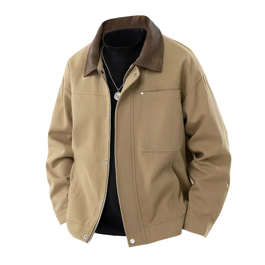 Men's Spring Vintage Jacket Loose Collar Casual Versatile Workwear Coat, Patchwork Collar Jacket Size M-4XL